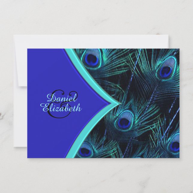 Elegant Teal Blue and Royal Blue Peacock Wedding Invitation (Front)
