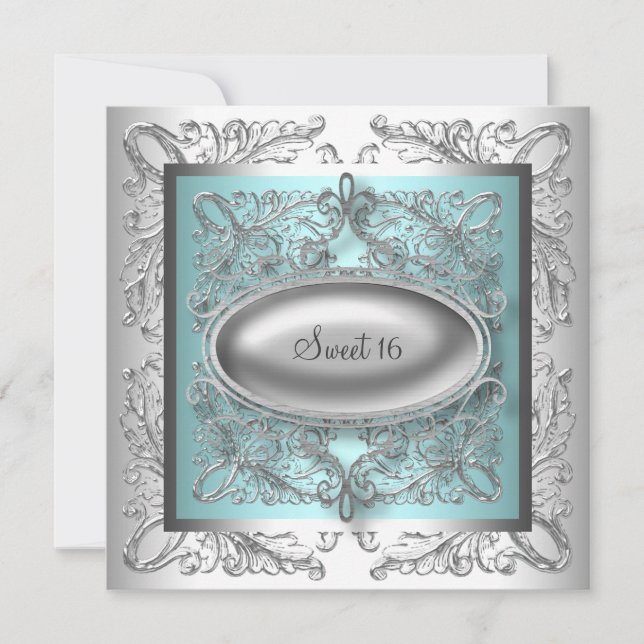 Elegant Teal Blue and Silver Birthday Party Invitation (Front)