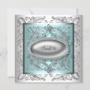 Elegant Teal Blue and Silver Birthday Party Invitation