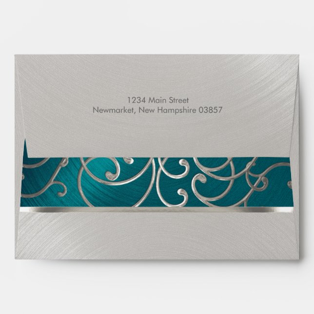 Elegant Teal Blue and Silver Filigree Envelope (Back (Top Flap))