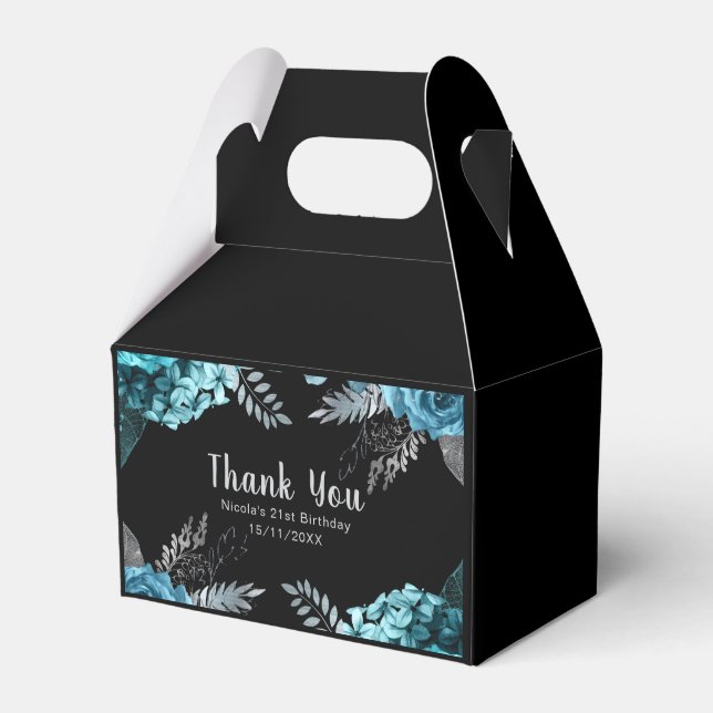 Elegant Teal Blue and Silver Flower Birthday Party Favour Box (Front Side)