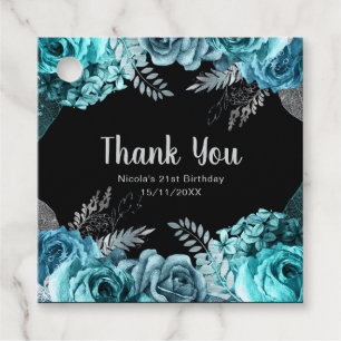 Elegant Teal Blue and Silver Flower Birthday Party Favour Tags