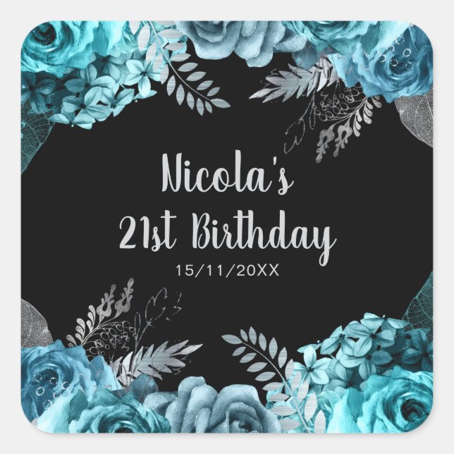 Elegant Teal Blue and Silver Flower Birthday Party Square Sticker (Front)