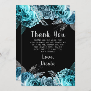 Elegant Teal Blue and Silver Flower Birthday Party Thank You Card