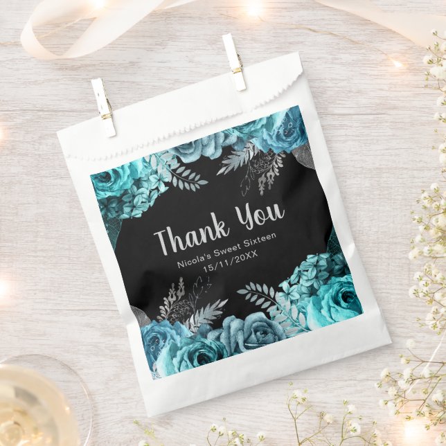 Elegant Teal Blue and Silver Flowers Sweet Sixteen Favour Bag (Clipped)