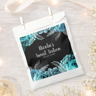 Elegant Teal Blue and Silver Flowers Sweet Sixteen Favour Bag