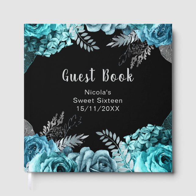 Elegant Teal Blue and Silver Flowers Sweet Sixteen Guest Book (Front)