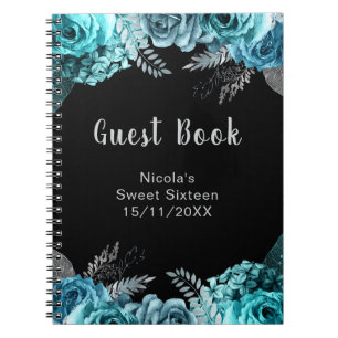 Elegant Teal Blue and Silver Flowers Sweet Sixteen Notebook