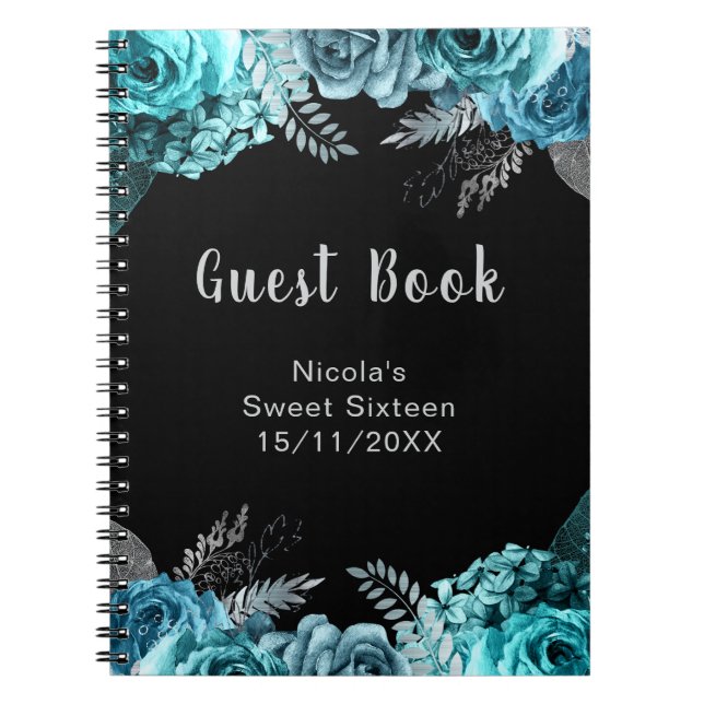 Elegant Teal Blue and Silver Flowers Sweet Sixteen Notebook (Front)