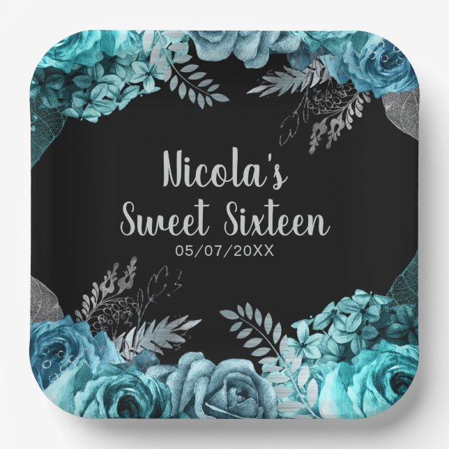 Elegant Teal Blue and Silver Flowers Sweet Sixteen Paper Plate (Front)
