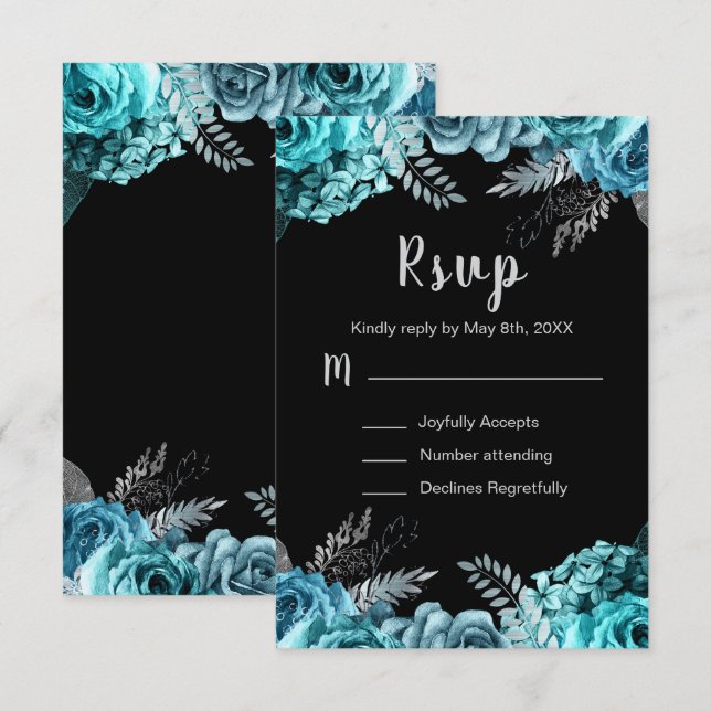 Elegant Teal Blue and Silver Flowers Sweet Sixteen RSVP Card (Front/Back)