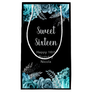 Elegant Teal Blue and Silver Flowers Sweet Sixteen Small Gift Bag