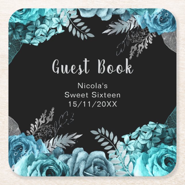Elegant Teal Blue and Silver Flowers Sweet Sixteen Square Paper Coaster (Front)