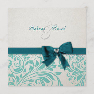 Elegant Teal Blue and White Damask Wedding Invitation