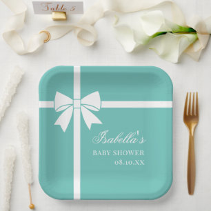 Elegant Teal Blue And White Ribbon Bow Baby Shower Paper Plate