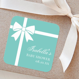 Elegant Teal Blue And White Ribbon Bow Baby Shower Square Sticker