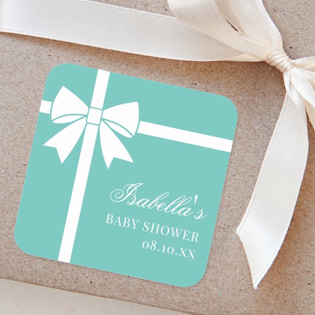 Elegant Teal Blue And White Ribbon Bow Baby Shower Square Sticker (Creator Uploaded)