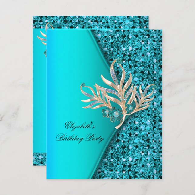 Elegant Teal Blue Aqua Glitter Birthday Party Invitation (Front/Back)