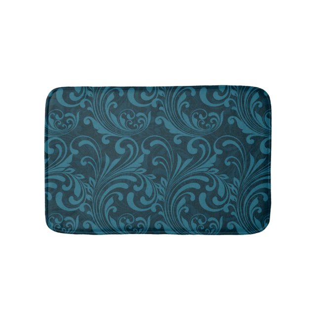 Elegant Teal Blue Baroque Floral Pattern  Bath Mat (Front)