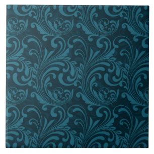 Elegant Teal Blue Baroque Floral Pattern Ceramic Tile