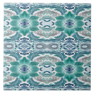 Elegant Teal & Blue Baroque Floral Pattern Ceramic Tile