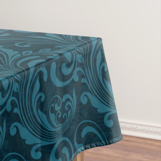 Elegant Teal Blue Baroque Floral Pattern  Tablecloth (In Situ)