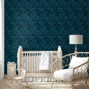 Elegant Teal Blue Baroque Floral Pattern Wallpaper