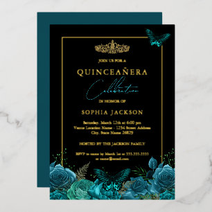Elegant Teal Blue Black Butterfly Quinceanera