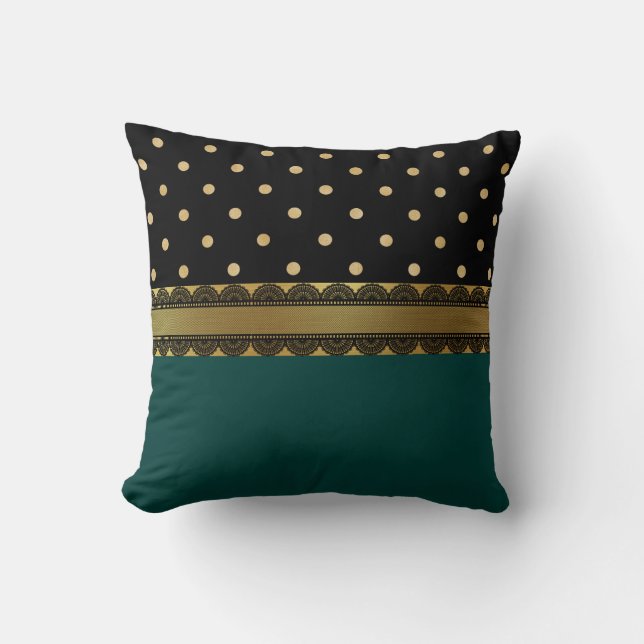 Elegant Teal Blue, Black & Gold Filigree Pattern Cushion (Front)