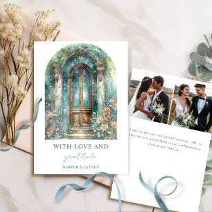 Elegant Teal Blue Botanical Garden Wedding Photo  Thank You Card