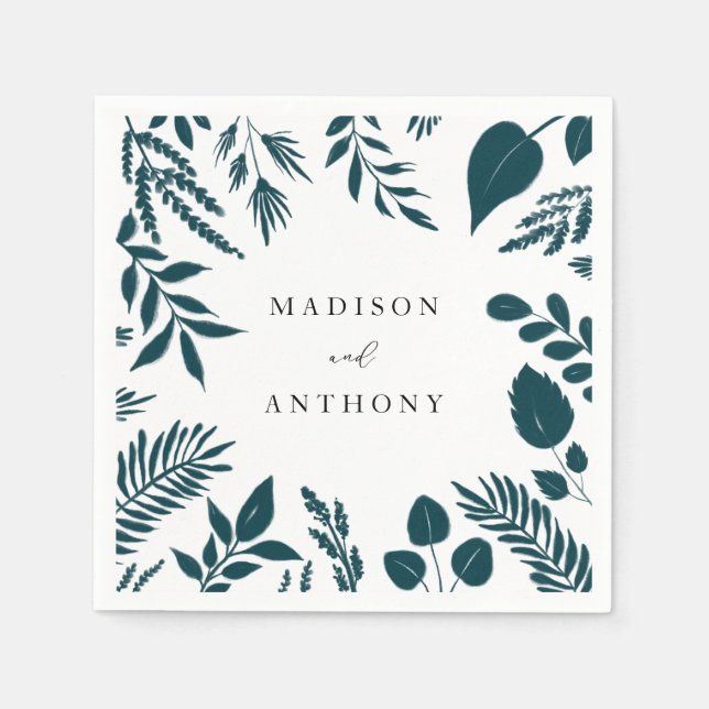 Elegant Teal Blue Botanical Wedding Napkin (Front)