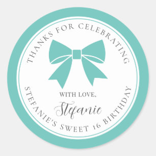 Elegant Teal Blue Bow Sweet 16 Birthday Thank You Classic Round Sticker