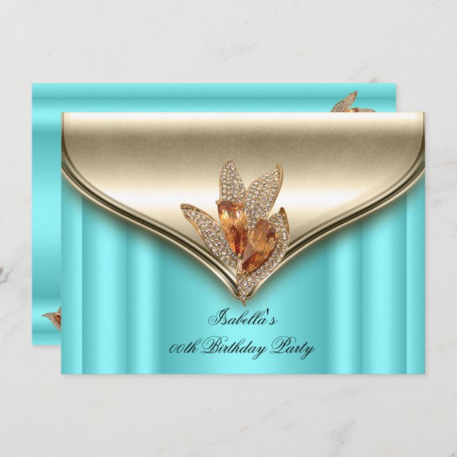 Elegant Teal Blue Bronze Brown Gold Birthday Party Invitation (Front/Back)