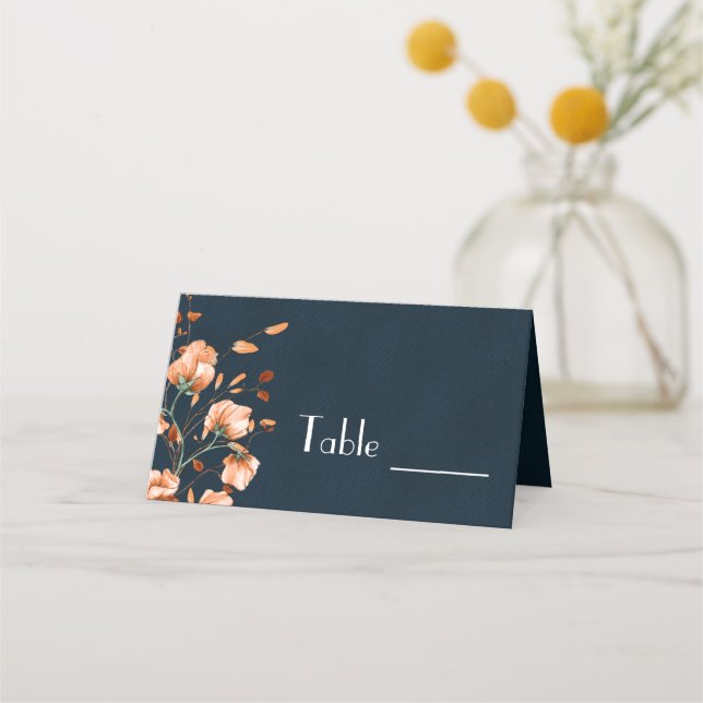 Elegant Teal Blue Burnt Orange Floral Place Card (Front)