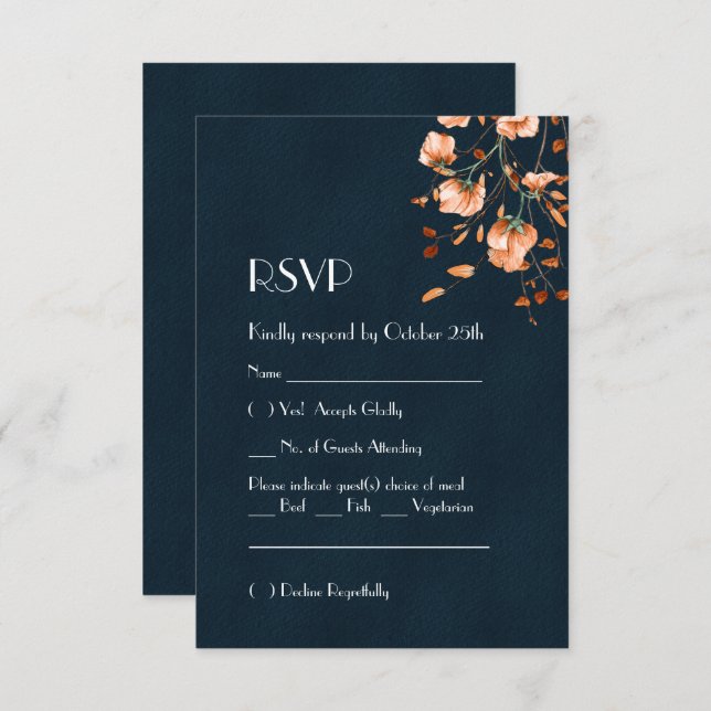 Elegant Teal Blue Burnt Orange Floral RSVP Card (Front/Back)