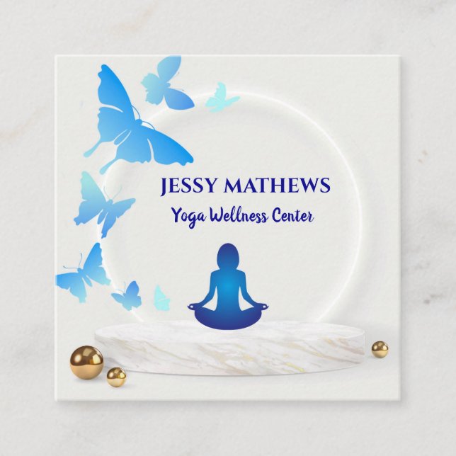ELEGANT TEAL BLUE BUTTERFLIES MEDITATION YOGA SQUARE BUSINESS CARD (Front)