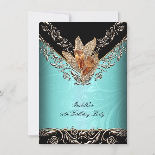 Elegant Teal Blue Caramel Gold Birthday Party Invitation (Front)