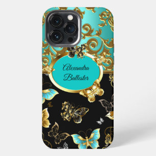 Elegant Teal Blue Damask Floral Butterfly Gold iPhone 13 Pro Max Case
