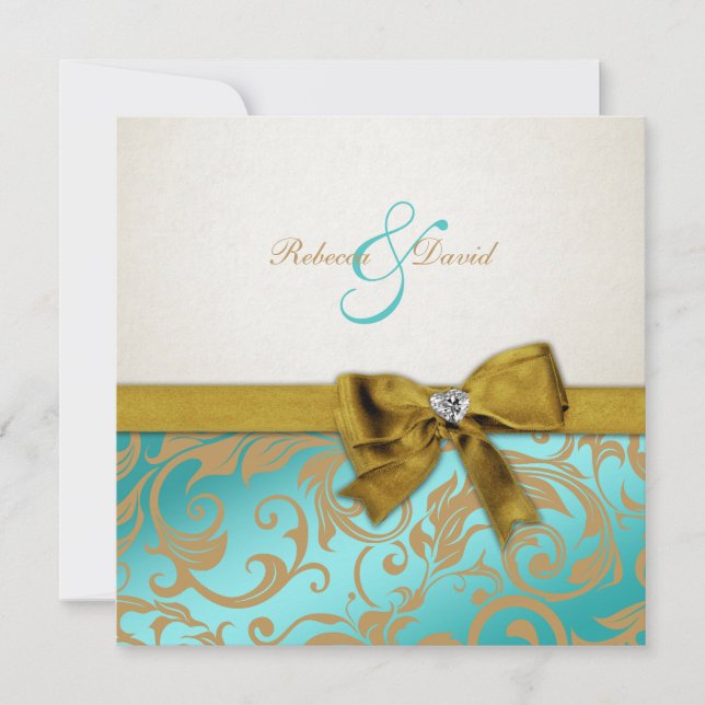Elegant Teal Blue Damask with diamond bow Invitation (Front)