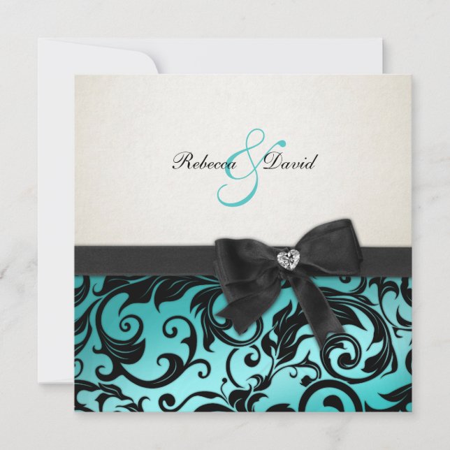Elegant Teal Blue Damask with diamond bow Invitation (Front)