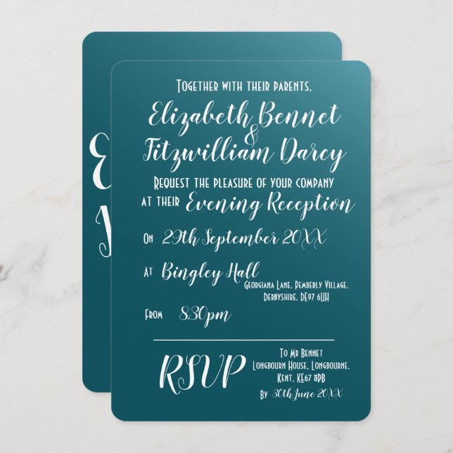 Elegant Teal Blue Evening Invitation (Front/Back)