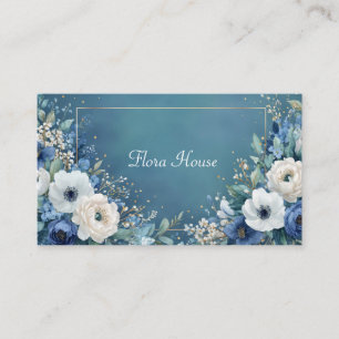 Elegant Teal Blue Floral Gold Frame Watercolor Business Card