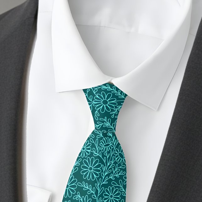 Elegant Teal Blue Floral Pattern Tie (Creator Uploaded)