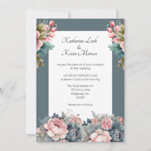 Elegant Teal Blue Floral Wedding Invitation