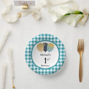 Elegant Teal Blue Gingham & Balloons 1st Birthday Paper Plate