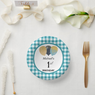 Elegant Teal Blue Gingham & Balloons 1st Birthday Paper Plate