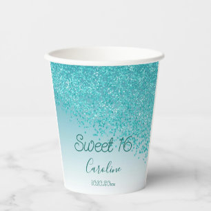 Elegant Teal Blue Glitter Sweet 16 Birthday Paper Cups