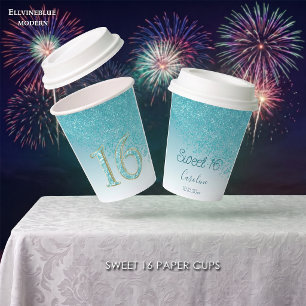 Elegant Teal Blue Glitter Sweet 16 Birthday Paper Cups