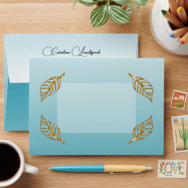 Elegant Teal Blue Glitter with Gold Leaves Envelope (Desk)