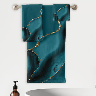 Elegant Teal Blue Gold Agate Geode Bath Towel Set